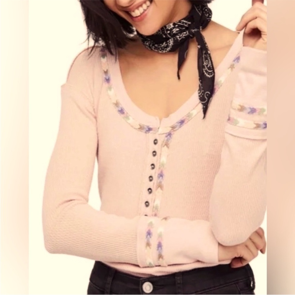 Free People We The Free Embroidery Rainbow Pink 
Thermal Henley SMALL